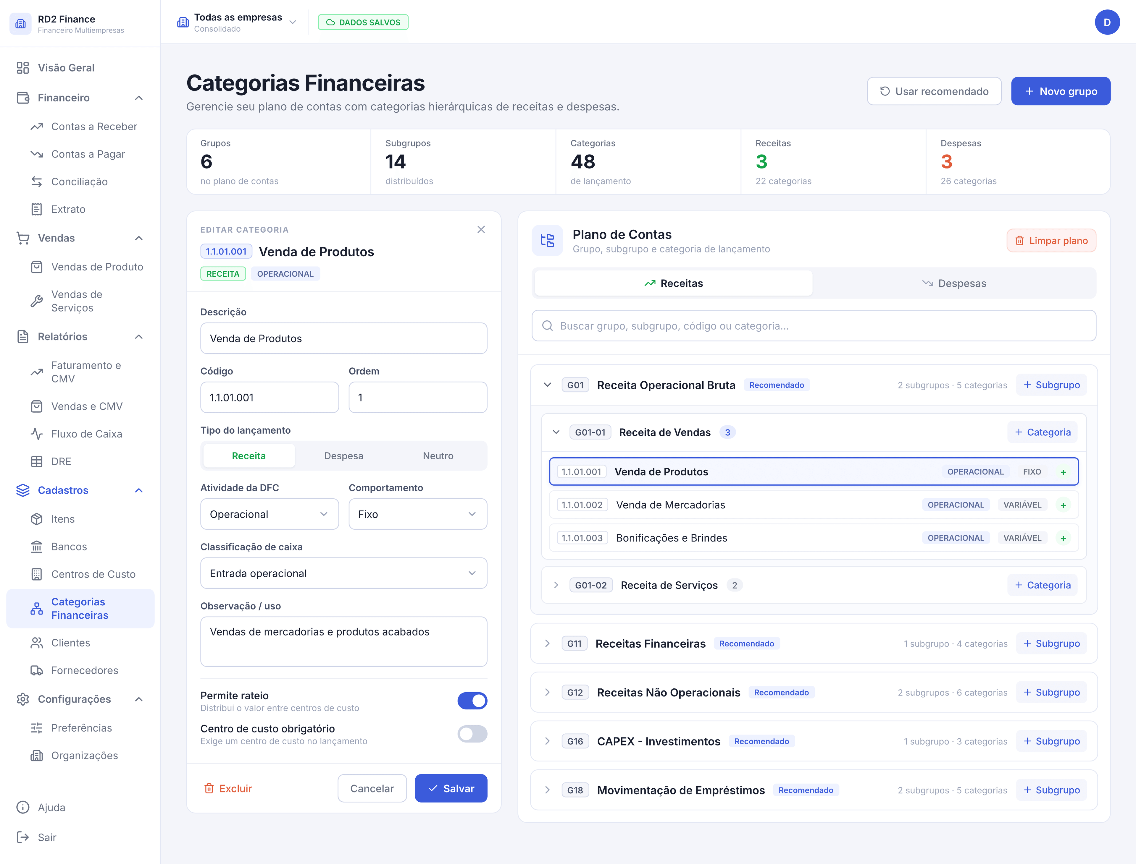 Tela de Categorias Financeiras do RD2 Finance, com grupos, subgrupos e categorias
